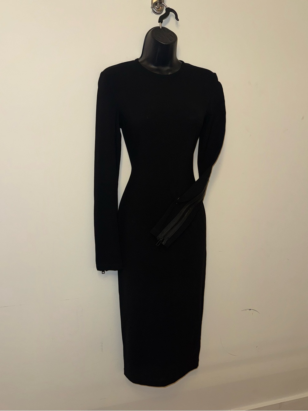 Givenchy Archive Black Wool Crepe Midi Dress with Oversized Zip Cuffs